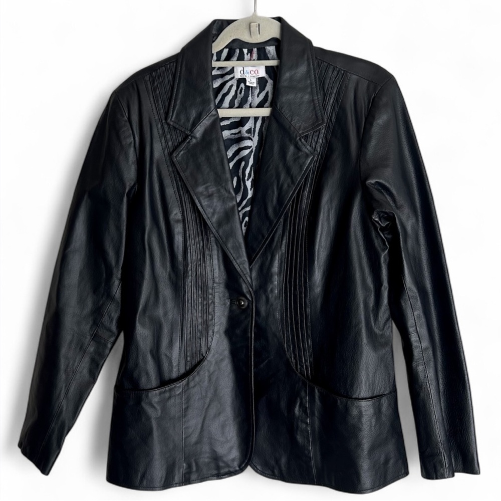 Y2K D&CO 90s Black Leather Blazer Jacket Minimalist Classic Grunge Academia Sz L